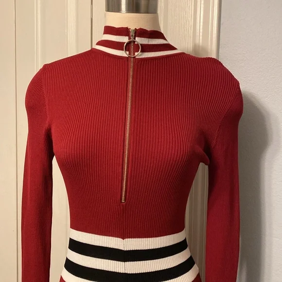 Maje Burgundy Striped Zip Midi Knit Dress Medium - Picture 2 of 10